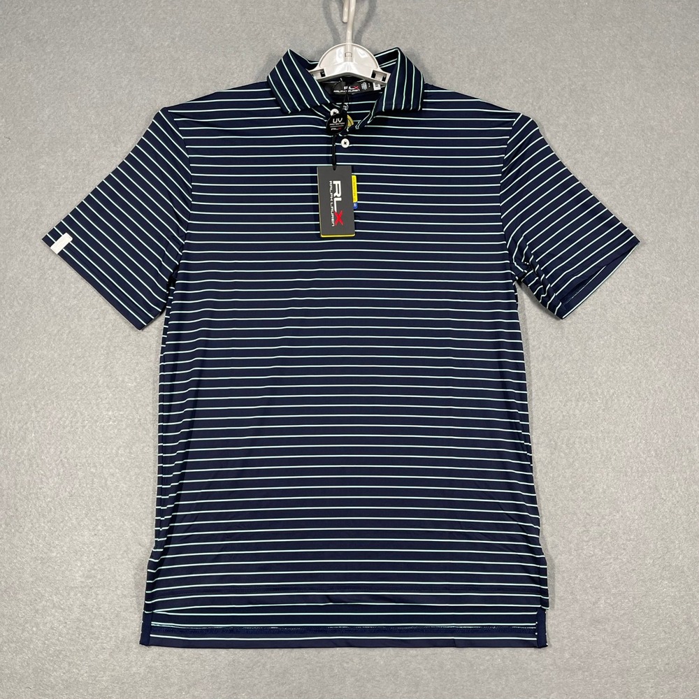 RLX Ralph Lauren Polo Shirt Mens Small Navy Blue Aqua Striped Golf UV Protection